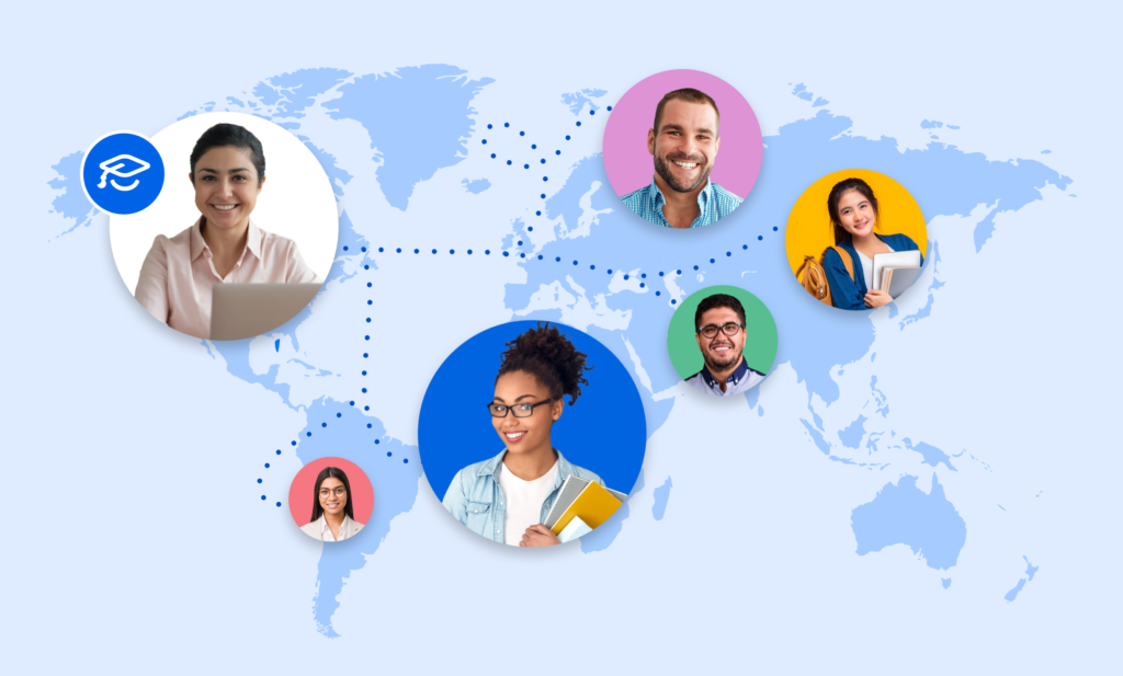 A world map featuring photos of various international students, showing dotted line routes to show how ApplyBoard has helped students from around the world study abroad in various destination countries.