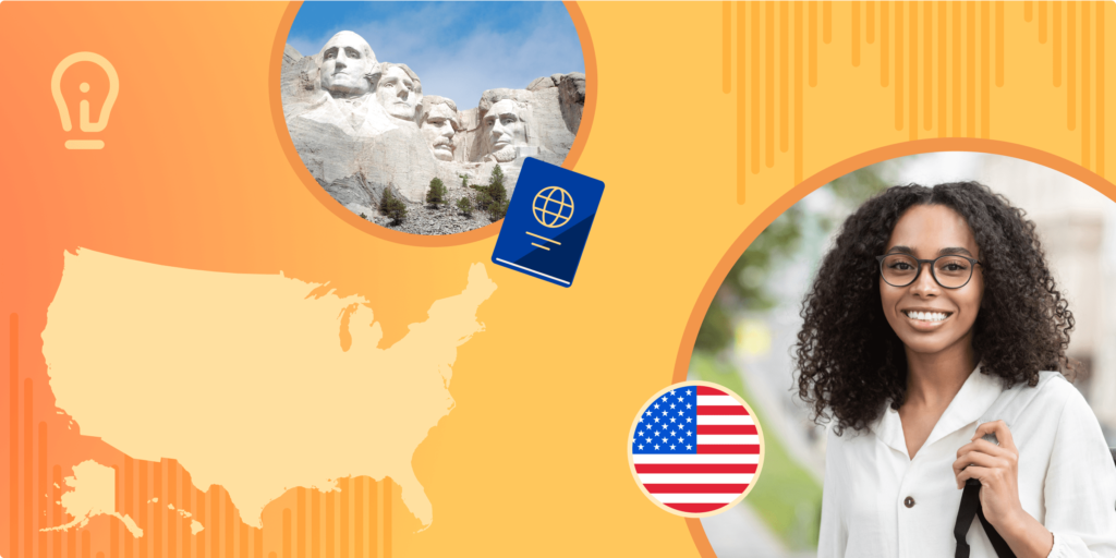 A smiling student, a US flag, a map of the US, and Mount Rushmore.