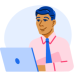 A spot illustration of an ApplyBoard recruitment partner in a pink shirt and tie, working on his laptop to help students apply to study abroad.