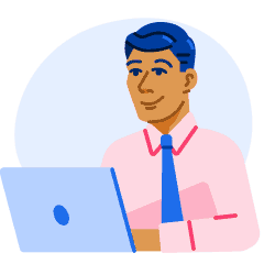 A spot illustration of an ApplyBoard recruitment partner in a pink shirt and tie, working on his laptop to help students apply to study abroad.