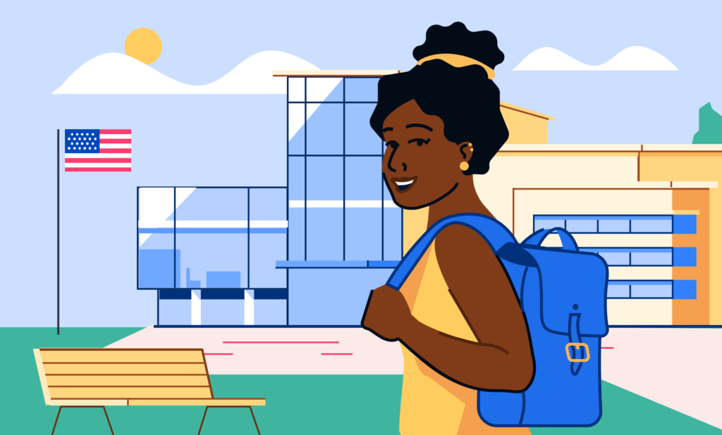 An illustration of a student with a backpack outside of an academic institution with an American flag.