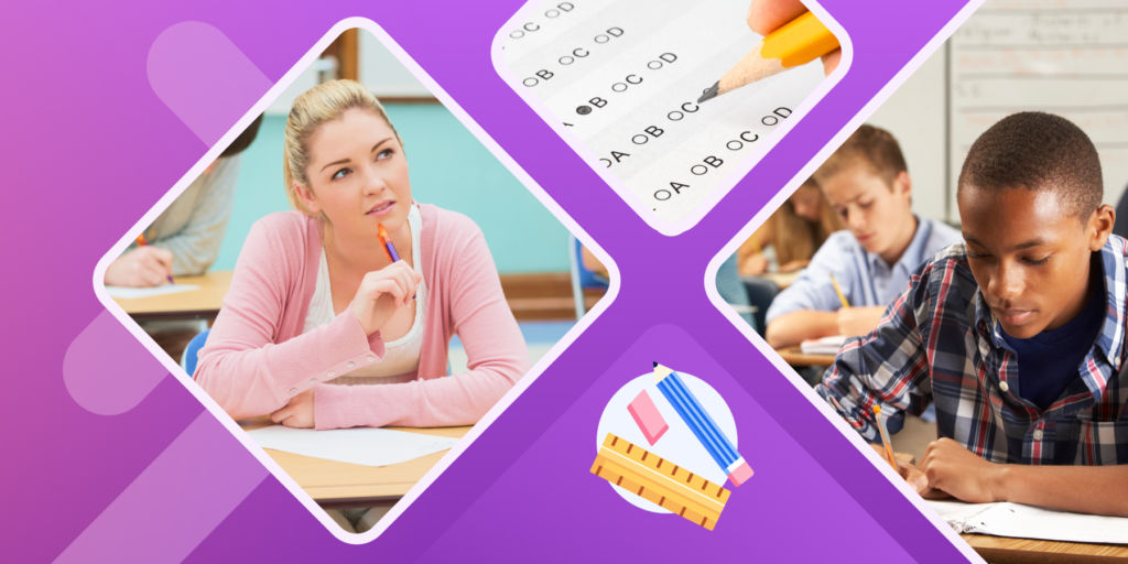 A photo of two students taking tests and a bubble test.