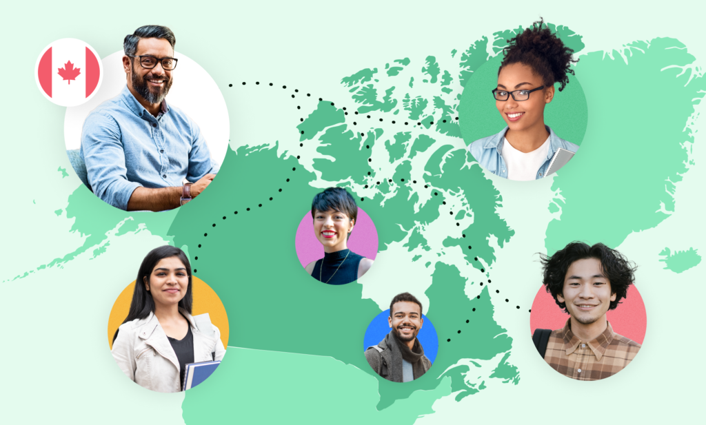 A map of Canada with six international students surrounding it, representing working in Canada as a student.