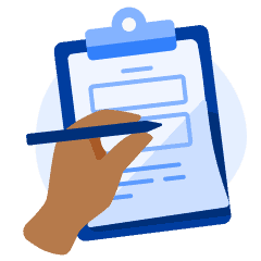 A hand with a pen hovers over a blue clipboard with white paper clipped to it.