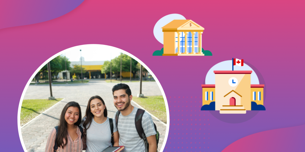 A photograph of three students is framed by an illustration of a Canadian school and a bank.