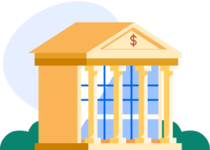 An illustration of a yellow-brick bank building.