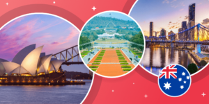 Photos of beautiful places to visit in Australia, and illustration of the Australian flag.