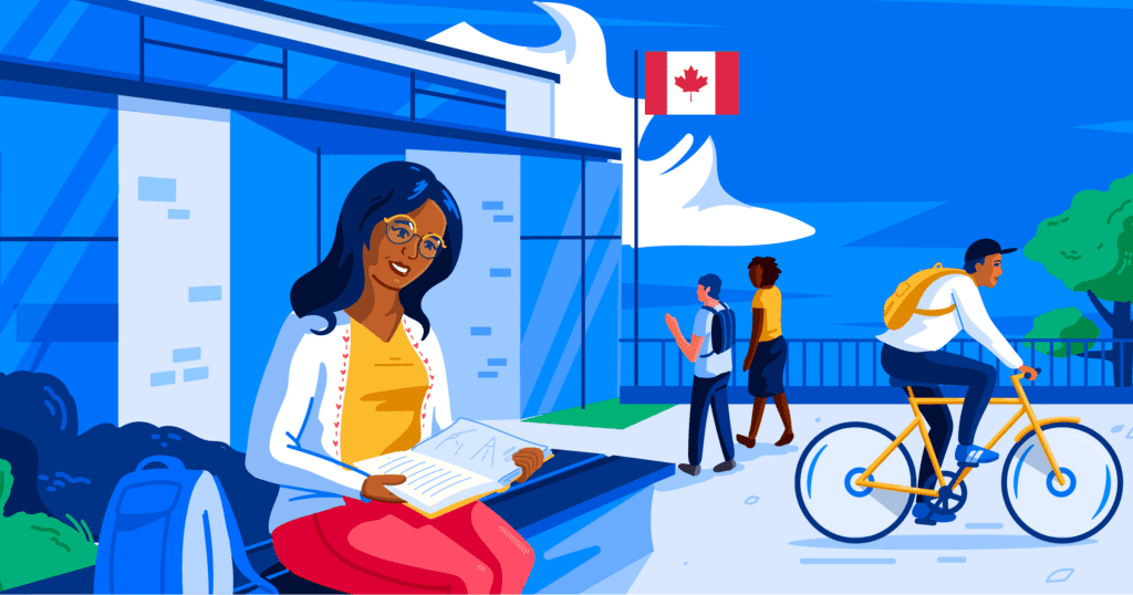 An illustration of an international student sitting on a bench outdoors, studying at a Canadian academic institution.