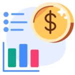 Financial analysis: a bar chart, some bullet points, and a dollar coin