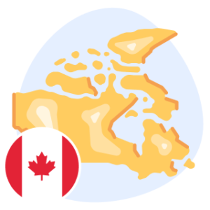 An illustrated map of Canada with an icon of the Canadian flag, representing the provinces affected by the new study permit cap. 