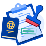 An illustration of a stamp, passport, and visa-related documents, symbolizing how to apply for study permit in Canada. 