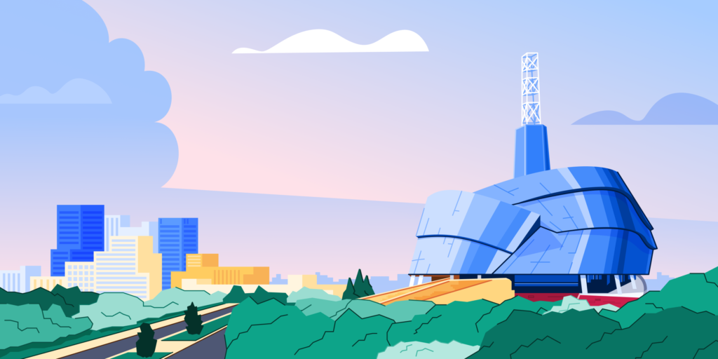 An illustration of Winnipeg, Manitoba, featuring the iconic Human Rights Museum.