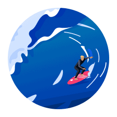 An illustration of an international student graduate surfing in Australia.