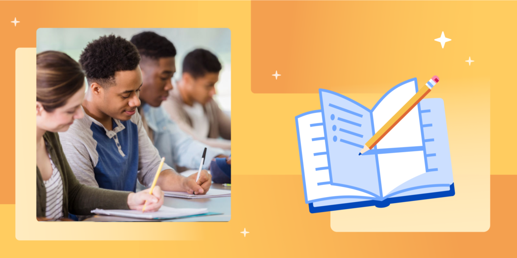 An image of a postgraduate student applicant writing a standardized test, either the GRE or the GMAT, with an illustration of a test booklet and pencil.