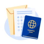 An illustration of a passport with a blue cover, a scantron test sheet, and a yellow manila envelope, symbolizing government ID in the blog's study abroad checklist.