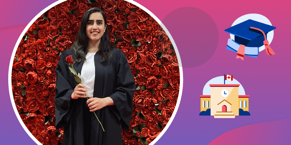 An image of international student Dorna at her graduation with an image of a school and graduation cap.