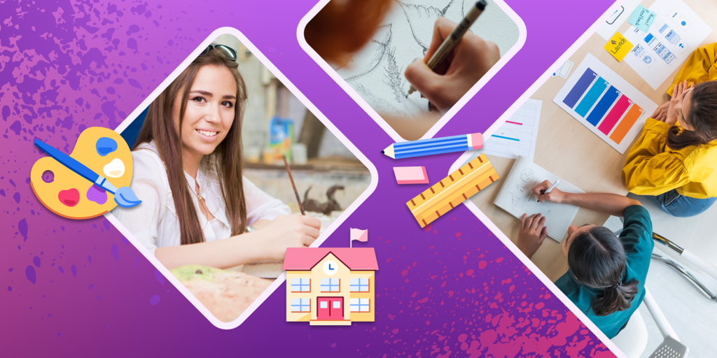 Photographs of a student with a paintbrush, students in a design class, and a pen-and-ink illustration are framed on a purple background