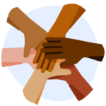 An illustration of six hands together in unity.