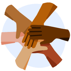 An illustration of six hands together in unity, representing cultural integration. 