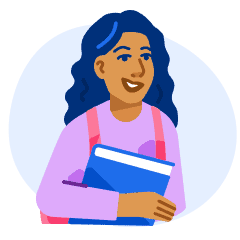 An illustration of a smiling international student wearing a backpack and holding textbooks.