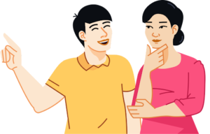 An illustration of two people talking, one gesturing and smiling, and the other with her hand on her chin in thought, representing getting others' opinions about your resume.
