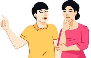 An illustration of two people; one speaking animatedly, and the other wondering and thinking, 