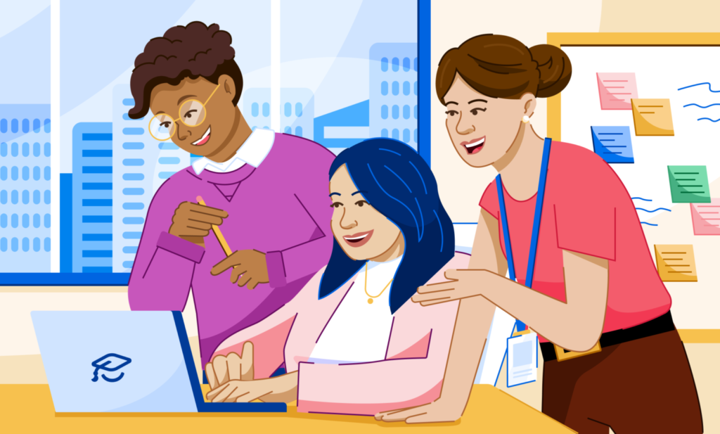 Illustration of team members around laptop