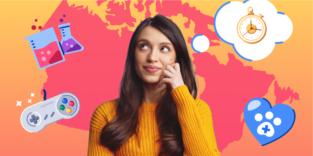 An illustration of a female student thinking with a map behind her.