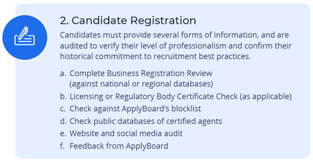 Candidate Registration – Candidates must provide several forms of information, and are audited to verify their level of professionalism.