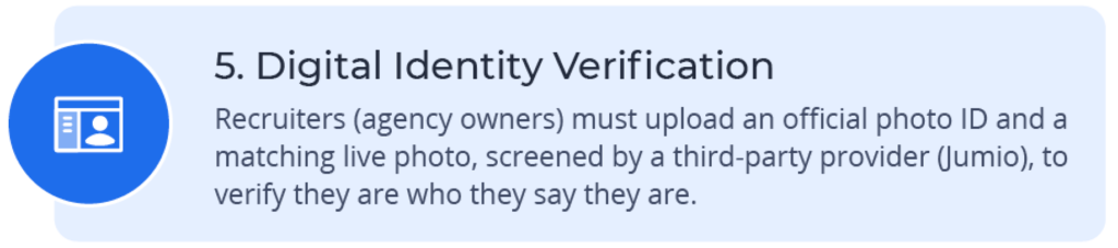 Digital Identity Verification – Recruiters must upload an official photo ID and a matching live photo to verify they are who they say they are.