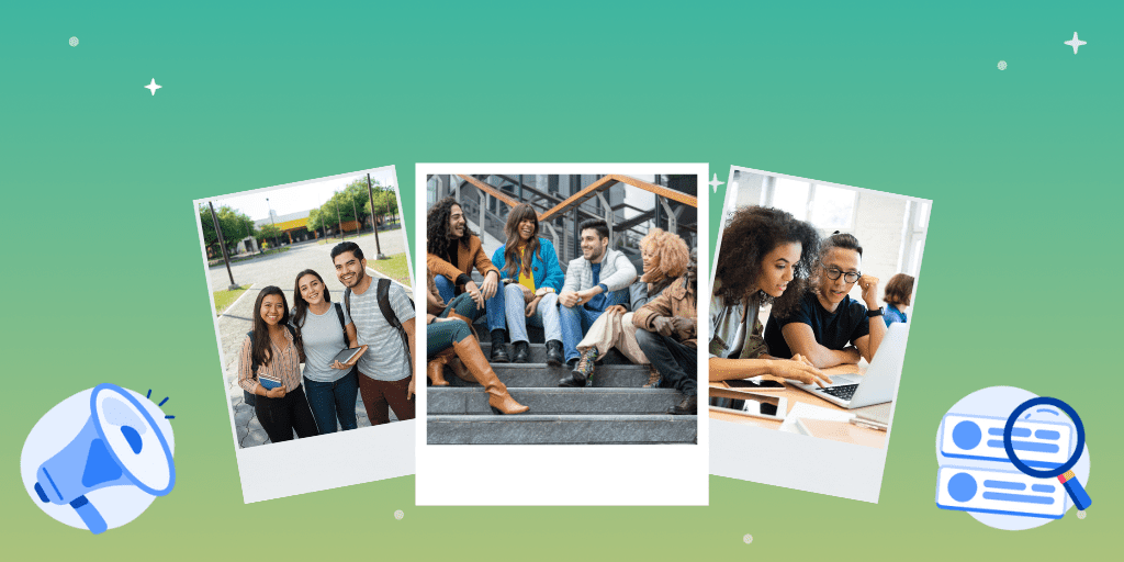 Photos of students studying, visiting, and standing on campus against a green illustrated background.