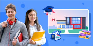 Two secondary school students carrying books are offset by a blue illustrated background, with a large illustration of a modern high school, and smaller illustrations of a graduation cap, books, and a passport with an application form and stamp.