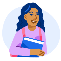 An illustration of a female international student smiling and holding a textbook.