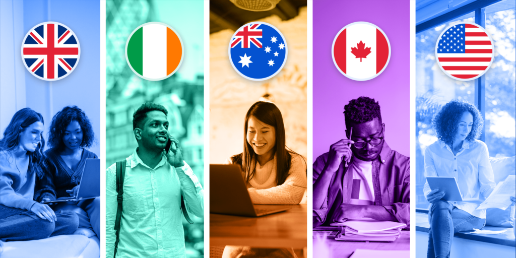 Students with flags of different countries above them.