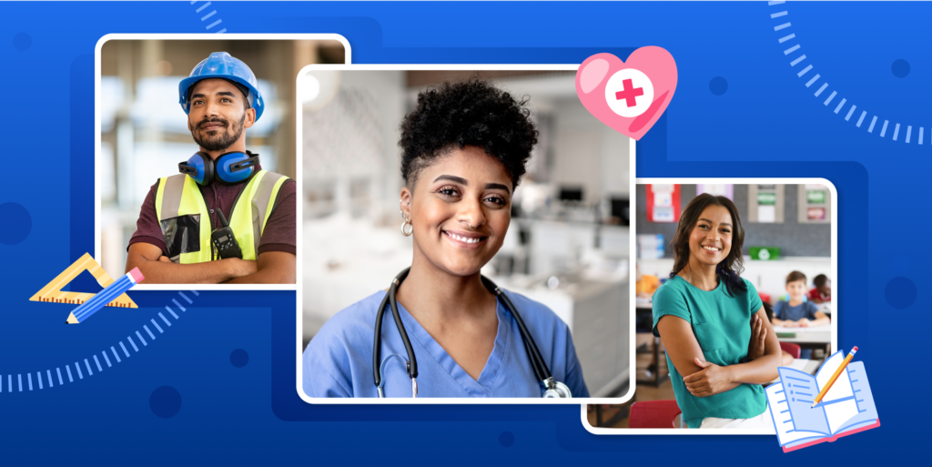 Photographs of a construction worker, nurse, and office worker against a blue illustrated background.