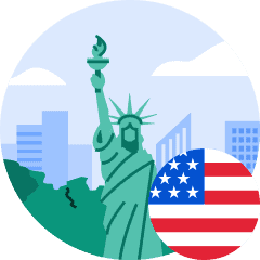 An illustration of the Statue of Liberty with an American flag on the bottom right corner.