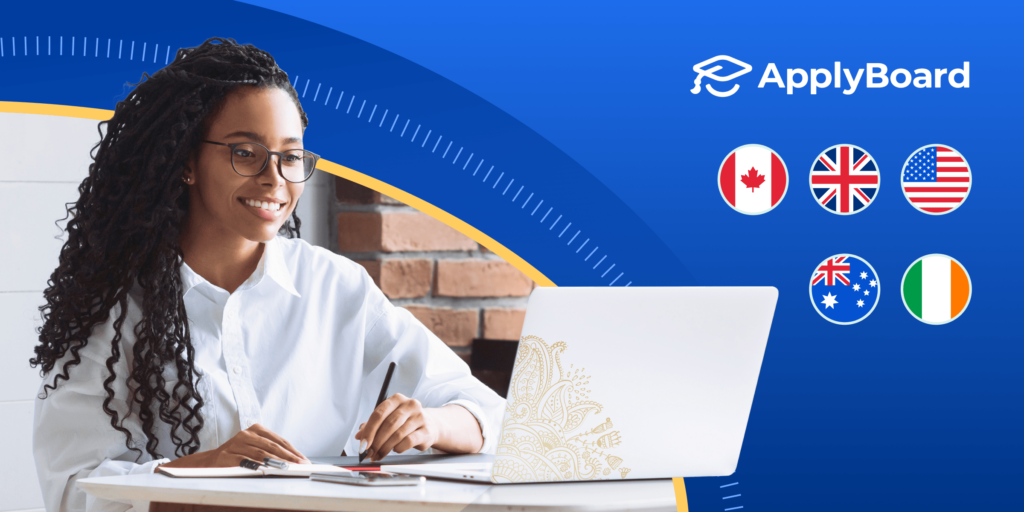 An image of a female student in front of a laptop, with five country's flags alongside the ApplyBoard logo to her right, representing how ApplyBoard helps students