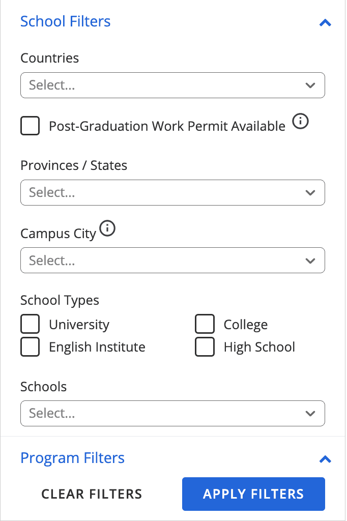 A photo of ApplyBoard's school filters from the online quick search tool.