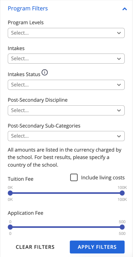 A photo of ApplyBoard's program filters from the online quick search tool.