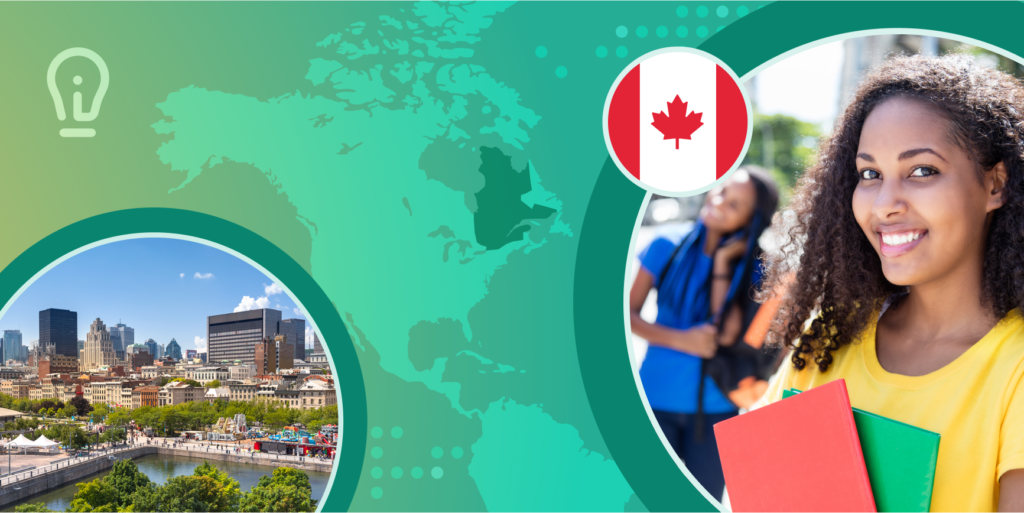 A green illustrated map of Canada, with images in the foreground of a smiling international student beginning her studies.