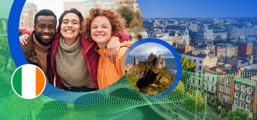 A photo of an Irish city, with additional photos of a castle, international students celebrating St. Patrick's Day while studying in Ireland, and an Irish flag.