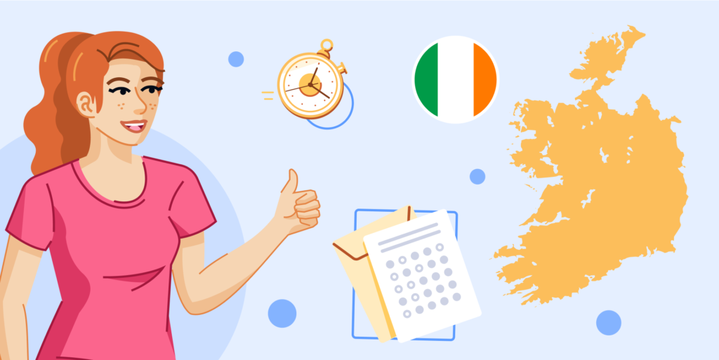 An illustration of a red-haired student giving a thumbs-up, surrounded by illustrations of the Irish flag, map, a stopwatch, and an application package