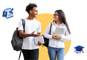 Two students walking, framed by a graduation cap illustration and an application illustration