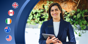 Why study hospitality? A photo of a hospitality professional, next to five illustrated flags of ApplyBoard's five destination countries.