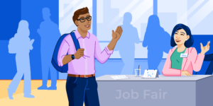 An illustration of a student joining an extracurricular campus job fair speaking to someone behind a table.