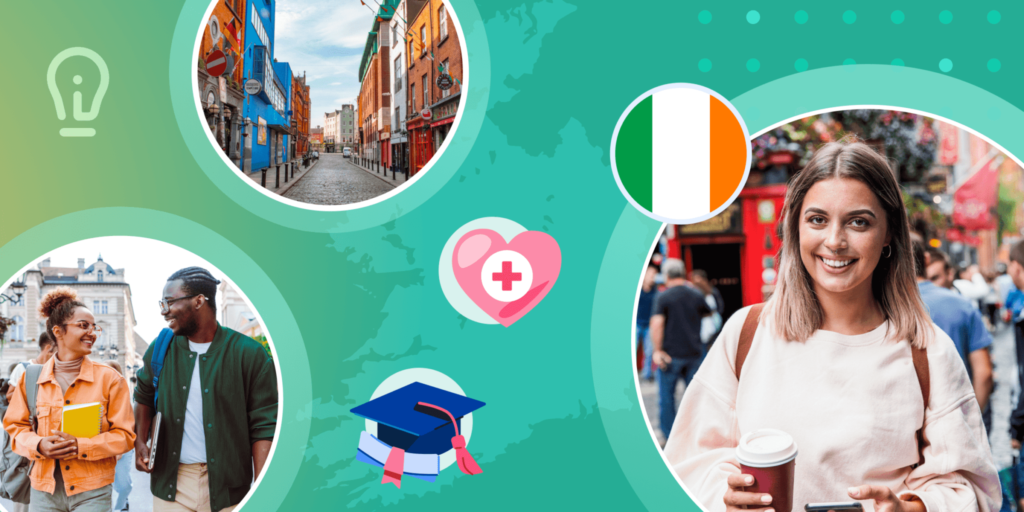 Illustrations of students in Ireland, with a background of spot images of graduation caps, the Ireland flag, and a heart with a medical cross.