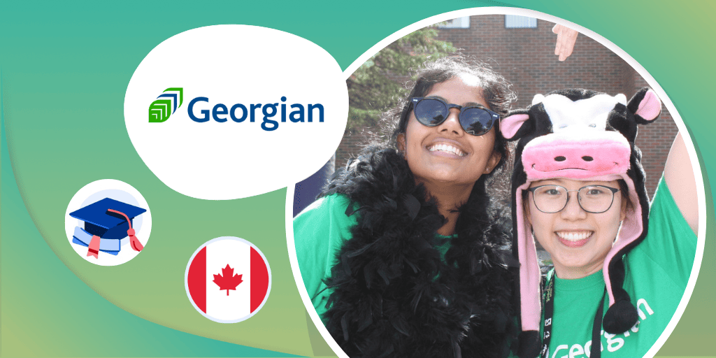 A photograph of two smiling Georgian College students wearing whimsical accessories, framed by a Georgian logo and illustrated grad cap and Canada flag.