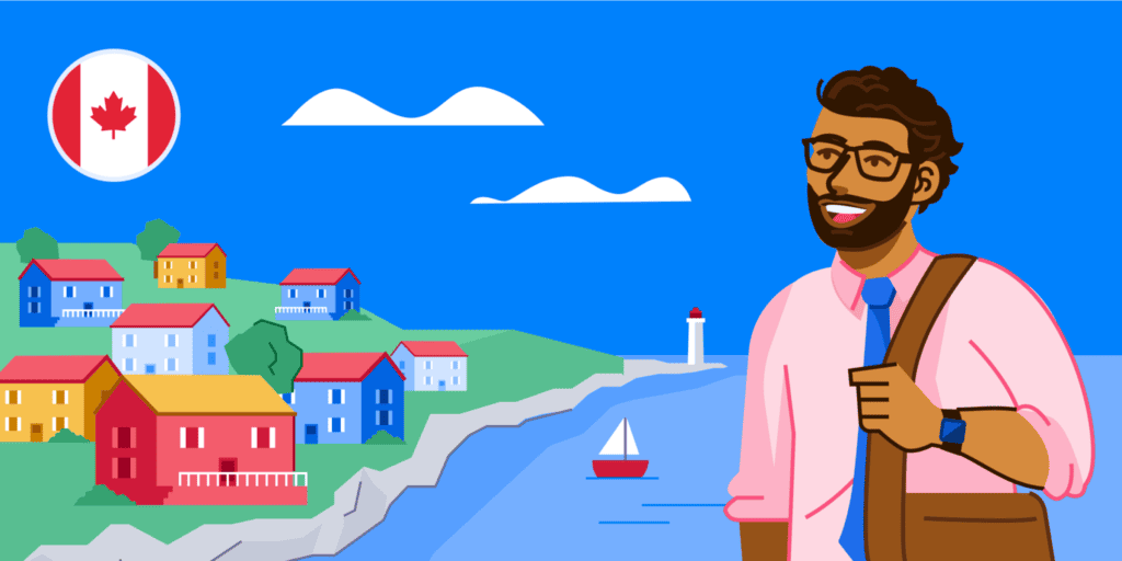 An illustration of someone ready to work, wearing a tie with a bag over their shoulder, next to Canada's east coast.