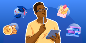 An illustration of a male student thinking with a pen and paper in his hand, with illustrations of graduation caps, money, books, and a letter of acceptance around him.