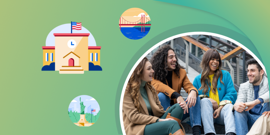 A group of international students sitting on a flight of stairs, framed by illustrations of a university building, the Golden Gate Bridge, and the Statue of Liberty